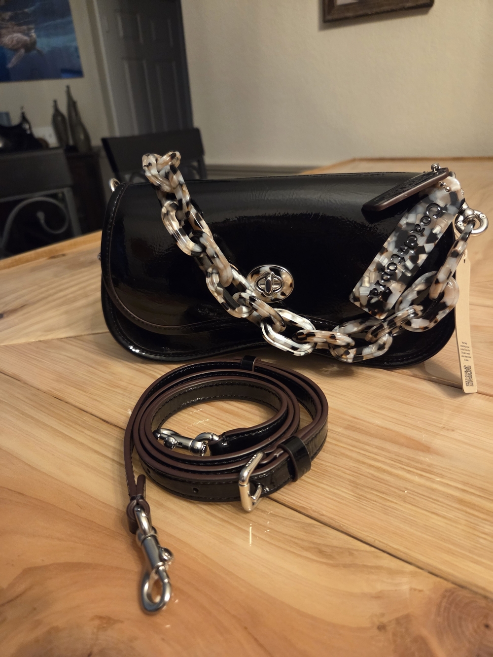 Coachtopia Dinky Wave Black Patent Shoulder Bag with Tortoiseshell Chain